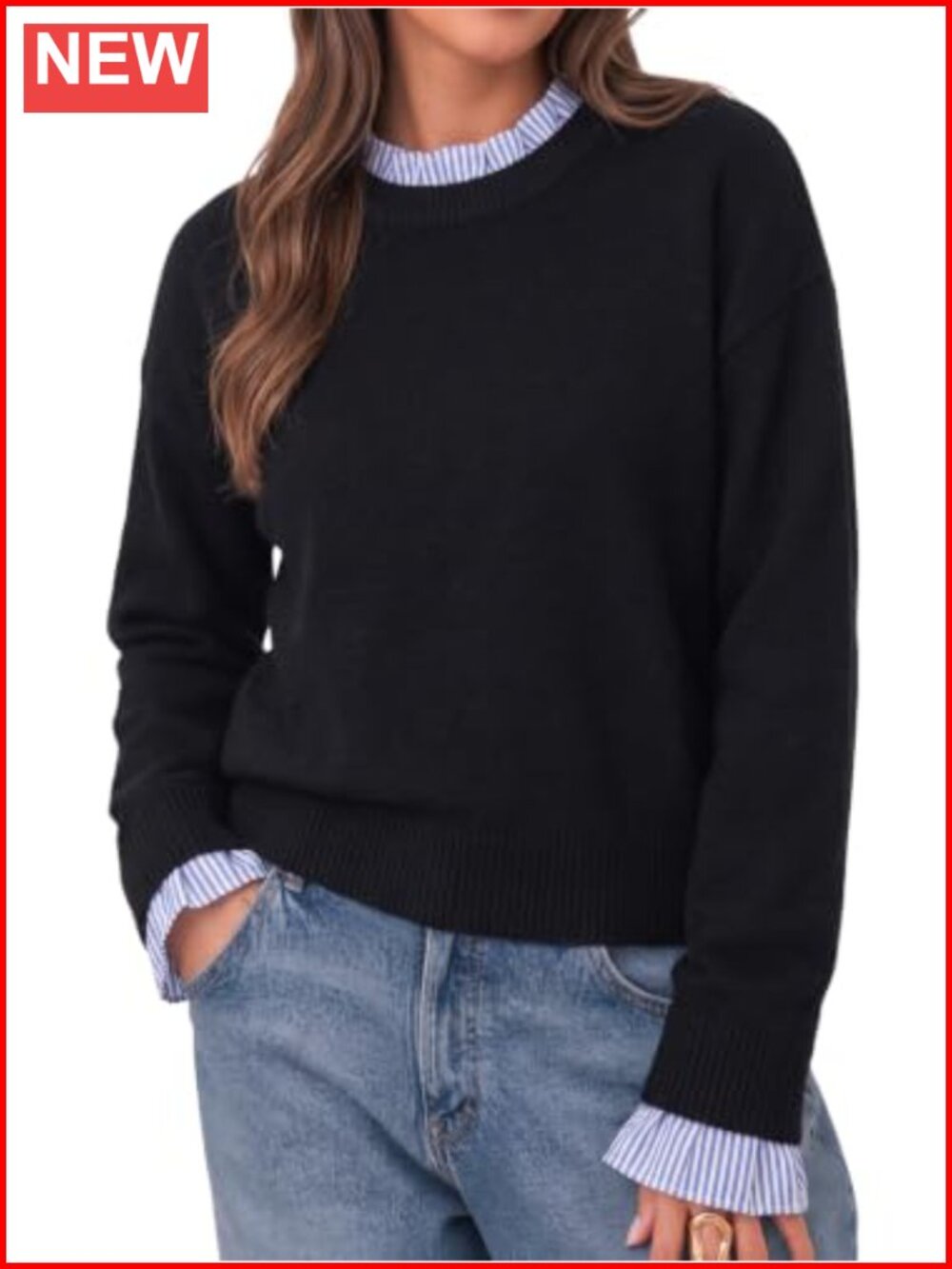 Womens Ruffle Long Sleeve Crew Neck Patchwork Knit Pullover Sweater